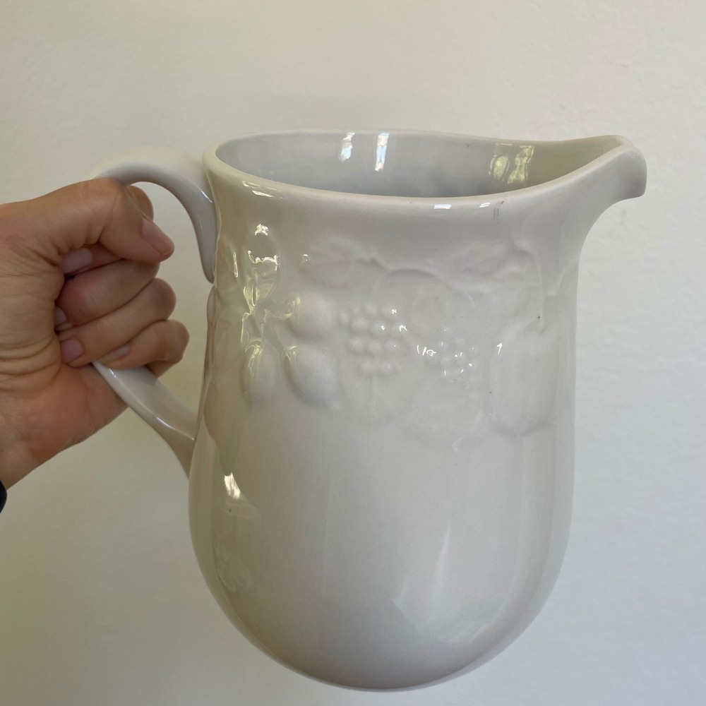White Pitcher Farmhouse Fruit Embossed Relief Design Cottage Country Gibson